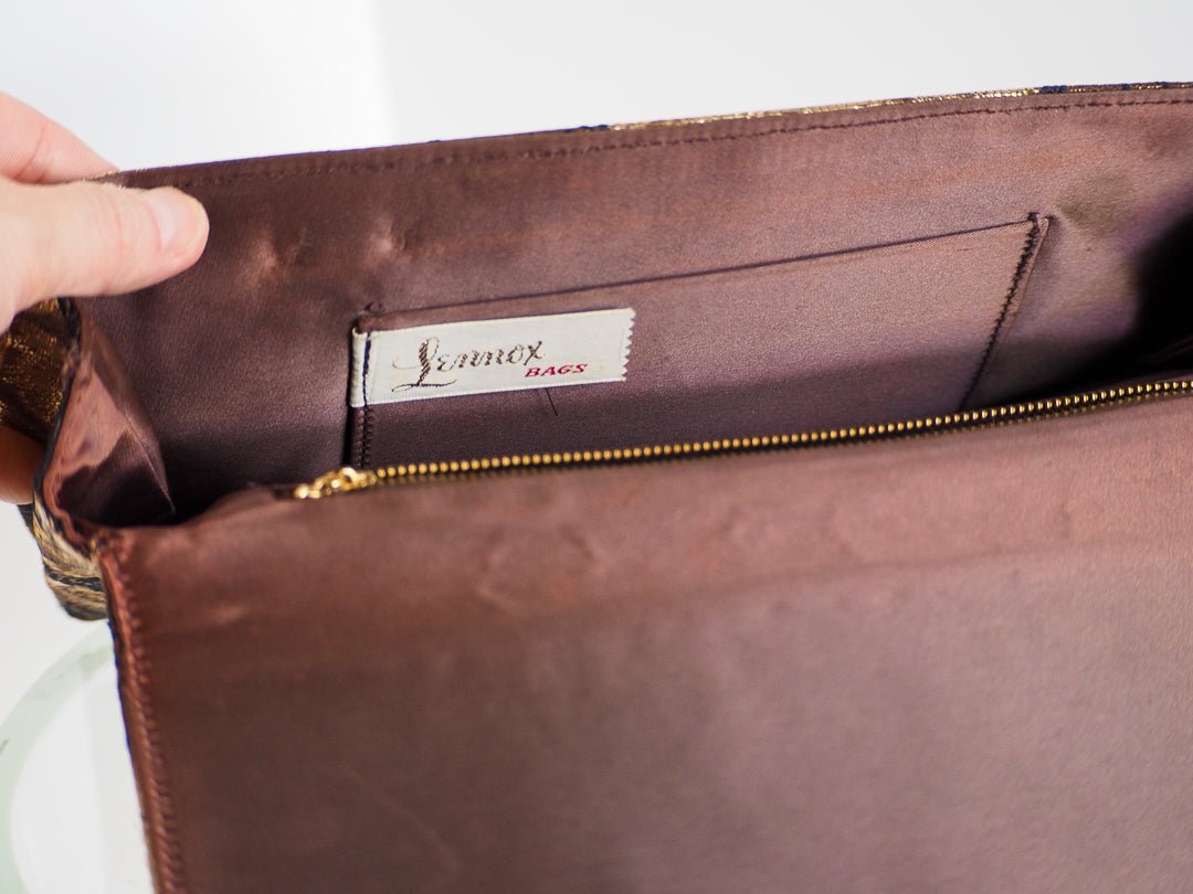 1960s Lennox Gold & Brown Floral Brocade Evening Clutch Accessories - Afterthought Vintage