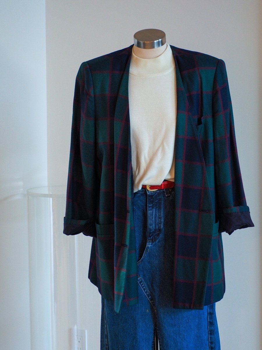 80s Kasper II for ASL Plaid Double Breasted Blazer Clothes - Afterthought Vintage