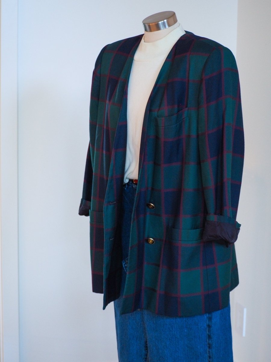 80s Kasper II for ASL Plaid Double Breasted Blazer Clothes - Afterthought Vintage