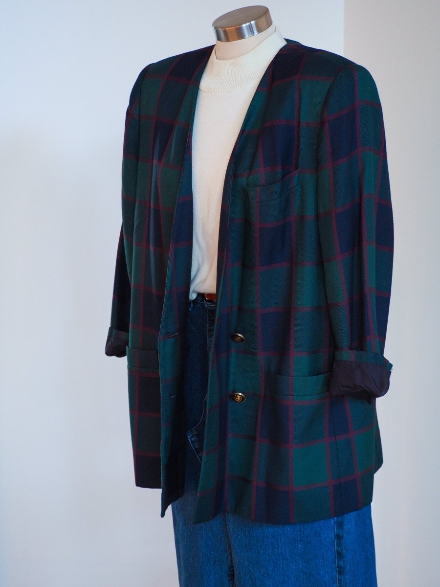 80s Kasper II for ASL Plaid Double Breasted Blazer Clothes - Afterthought Vintage