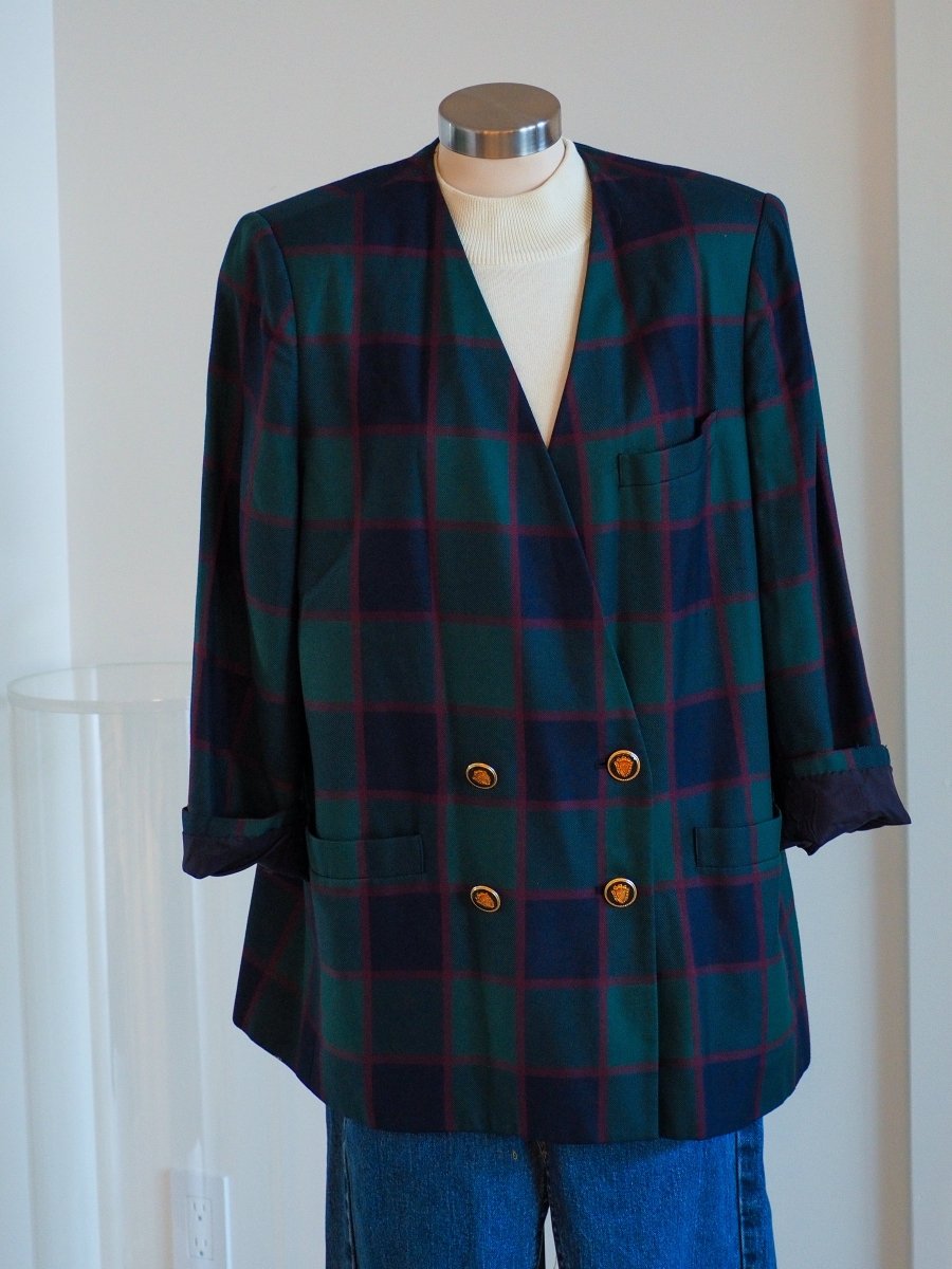 80s Kasper II for ASL Plaid Double Breasted Blazer Clothes - Afterthought Vintage