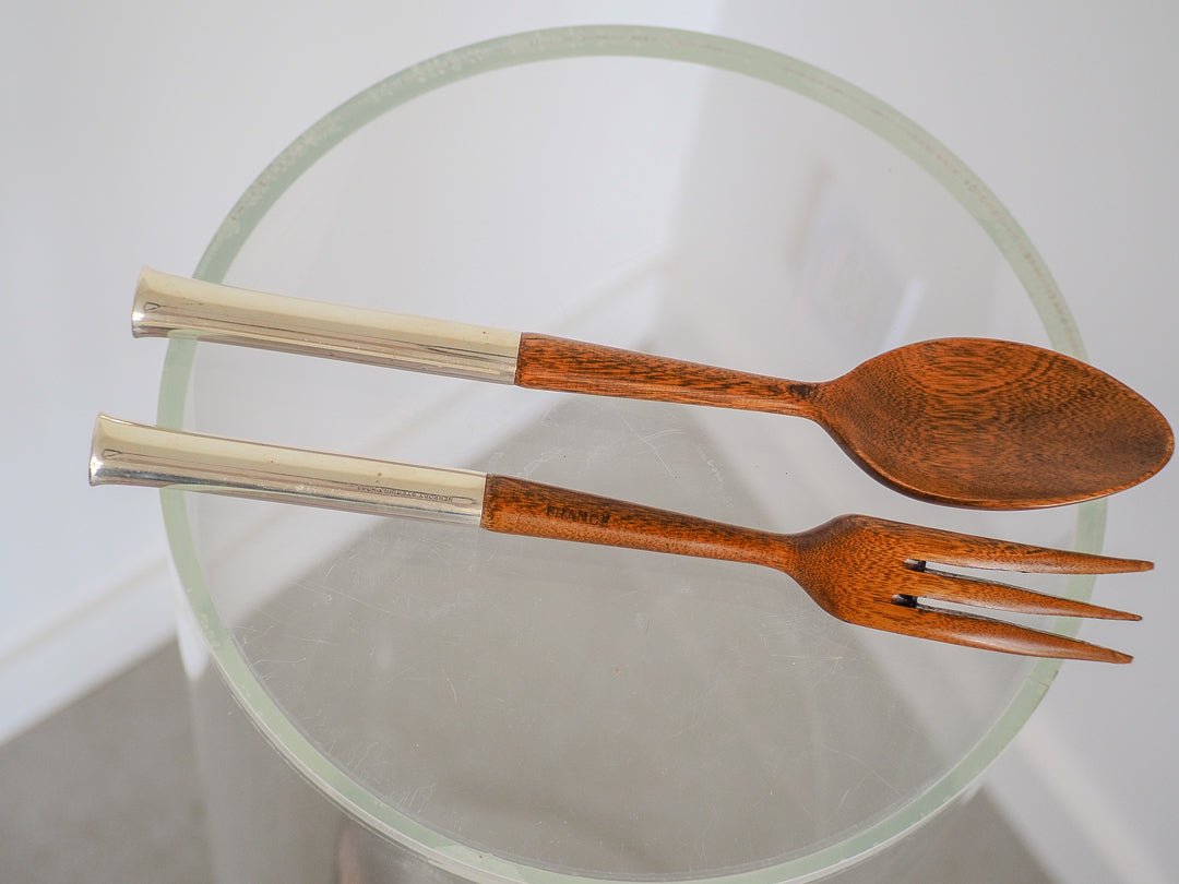MCM Wooden Salad Bowl and Utensils with Sterling Silver by Newport Silver Co. Lifestyle - Afterthought Vintage