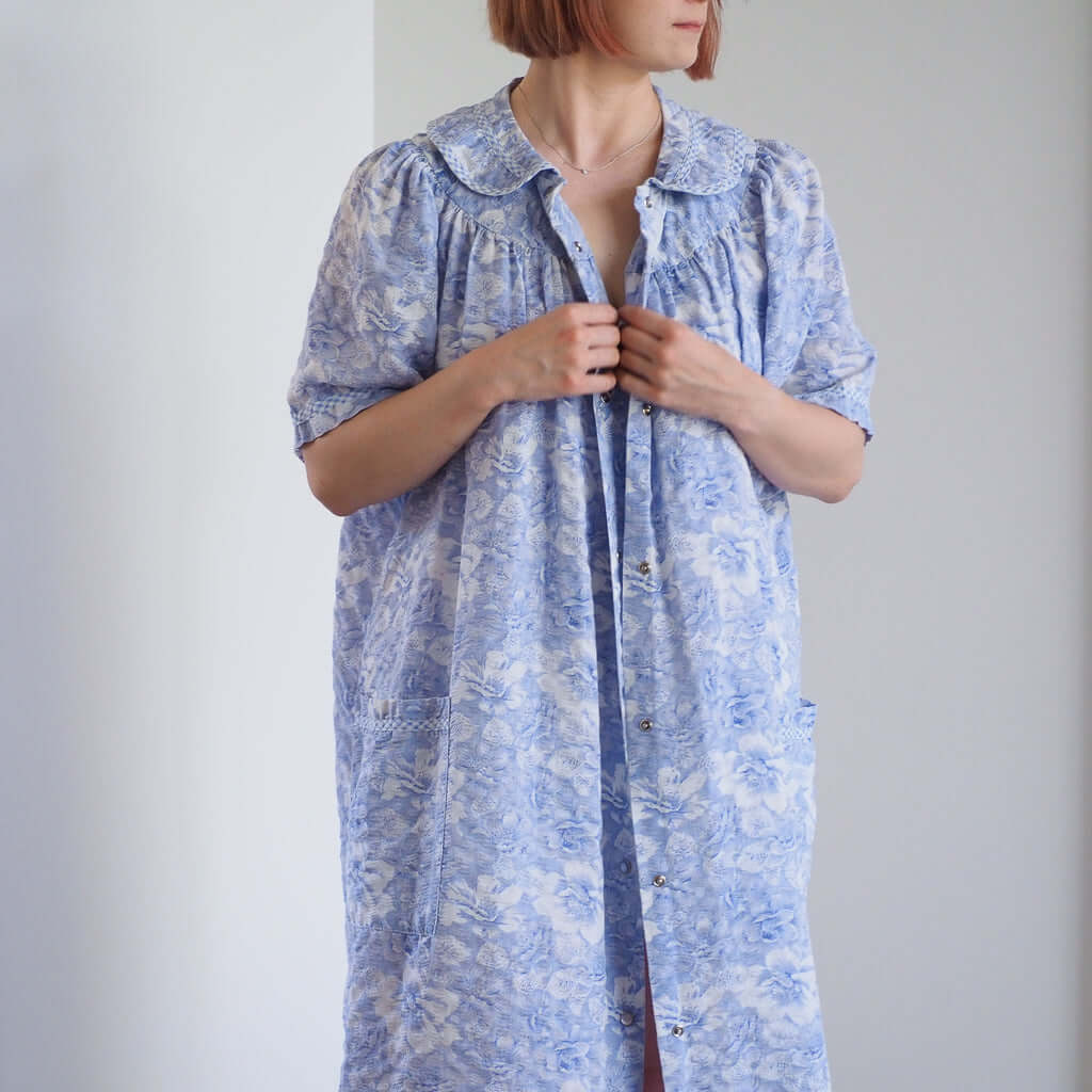 Vintage 1970s Crowntuft Periwinkle Blue Floral Sleep Robe Clothes - Afterthought Vintage