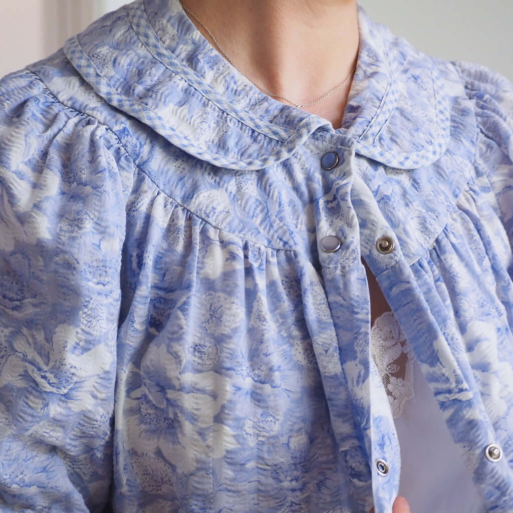 Vintage 1970s Crowntuft Periwinkle Blue Floral Sleep Robe Clothes - Afterthought Vintage