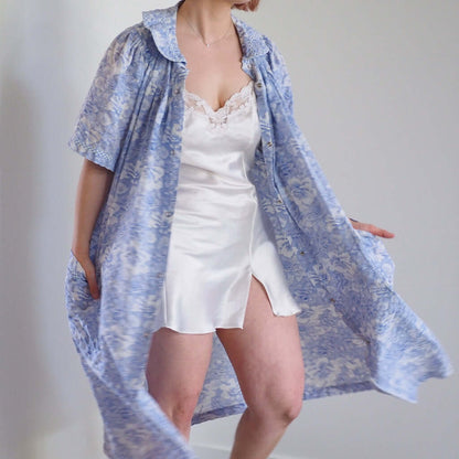 Vintage 1970s Crowntuft Periwinkle Blue Floral Sleep Robe Clothes - Afterthought Vintage