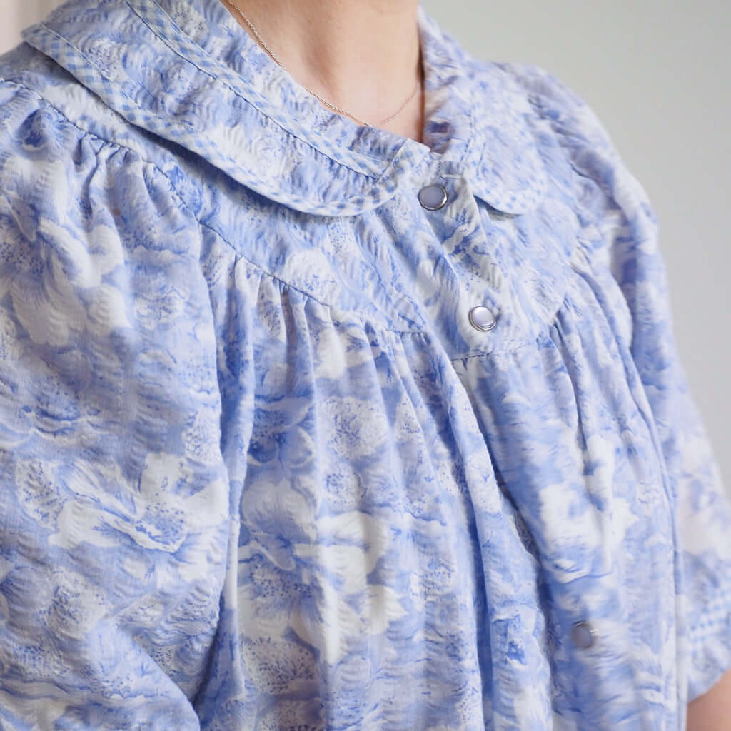 Vintage 1970s Crowntuft Periwinkle Blue Floral Sleep Robe Clothes - Afterthought Vintage