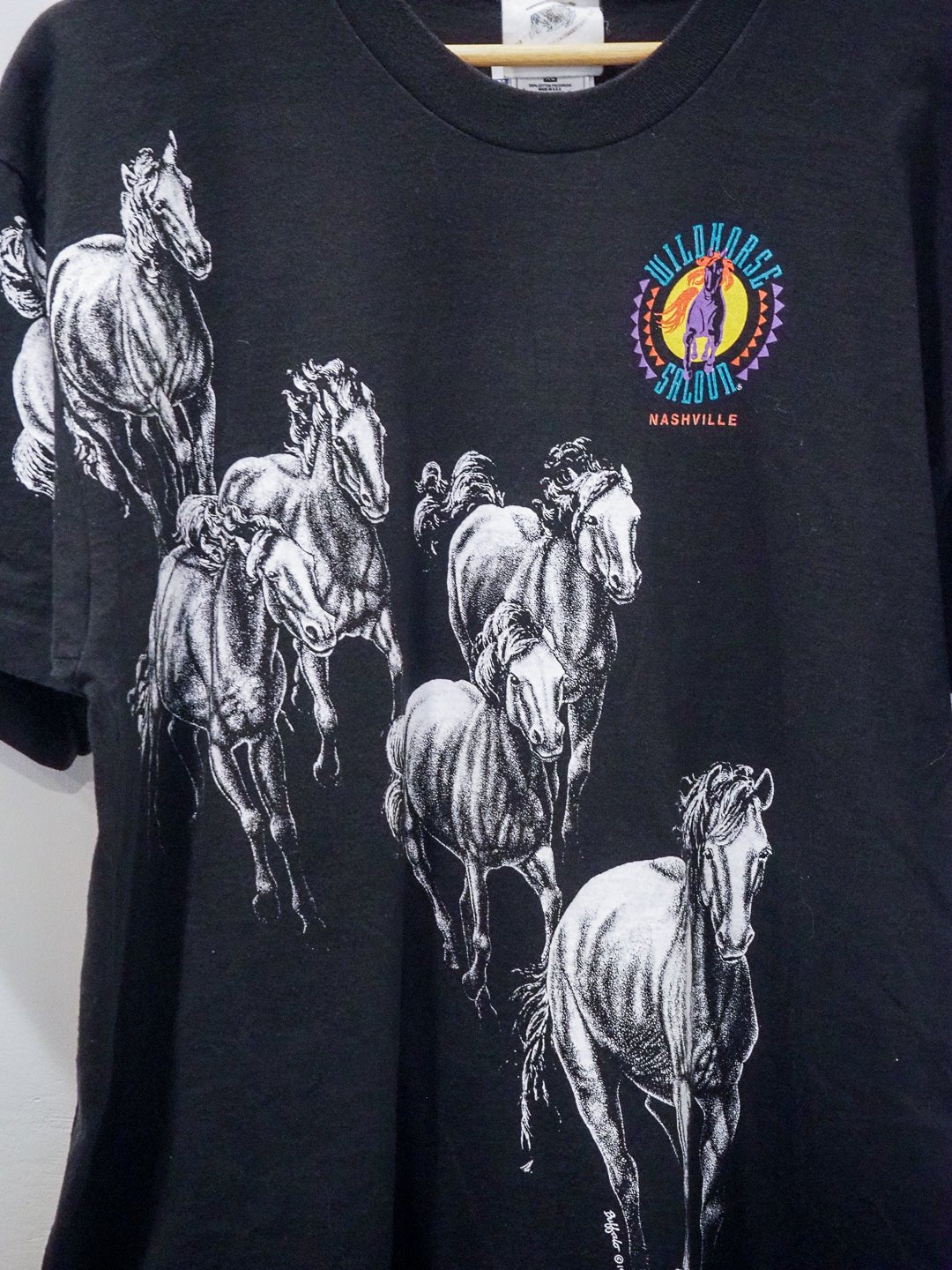 Vintage 1990s Wildhorse Saloon Nashville T-Shirt – Allover Horse Print Clothes - Fruit of The Loom - Afterthought Vintage