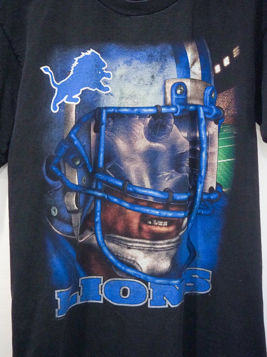 Vintage 1996 Detroit Lions NFL T-Shirt Nutmeg Mills Facemask Graphic Black Clothes - Afterthought Vintage - Afterthought Vintage