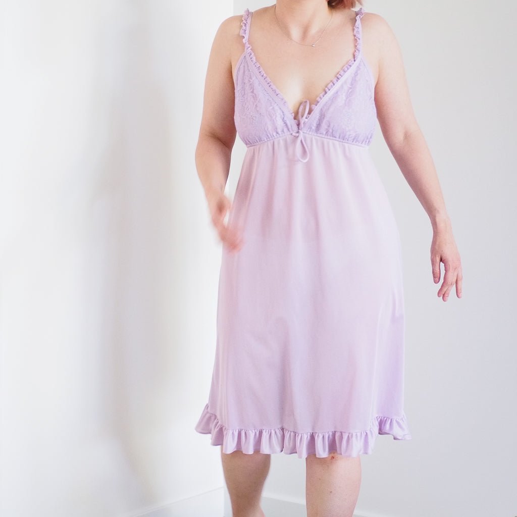 Vintage Erica Loren NY Lavender Lace Top Nightgown with Ruffle Trim Clothes - Afterthought Vintage