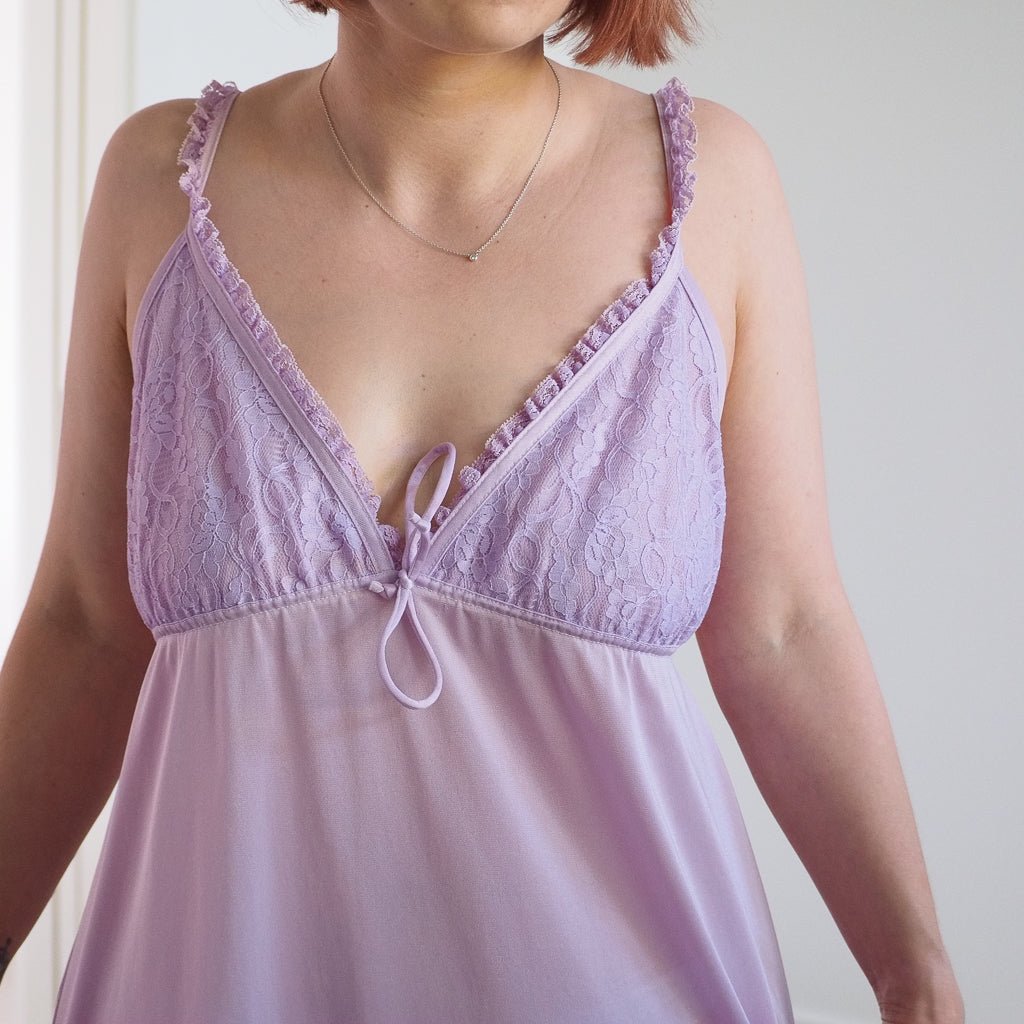 Vintage Erica Loren NY Lavender Lace Top Nightgown with Ruffle Trim Clothes - Afterthought Vintage