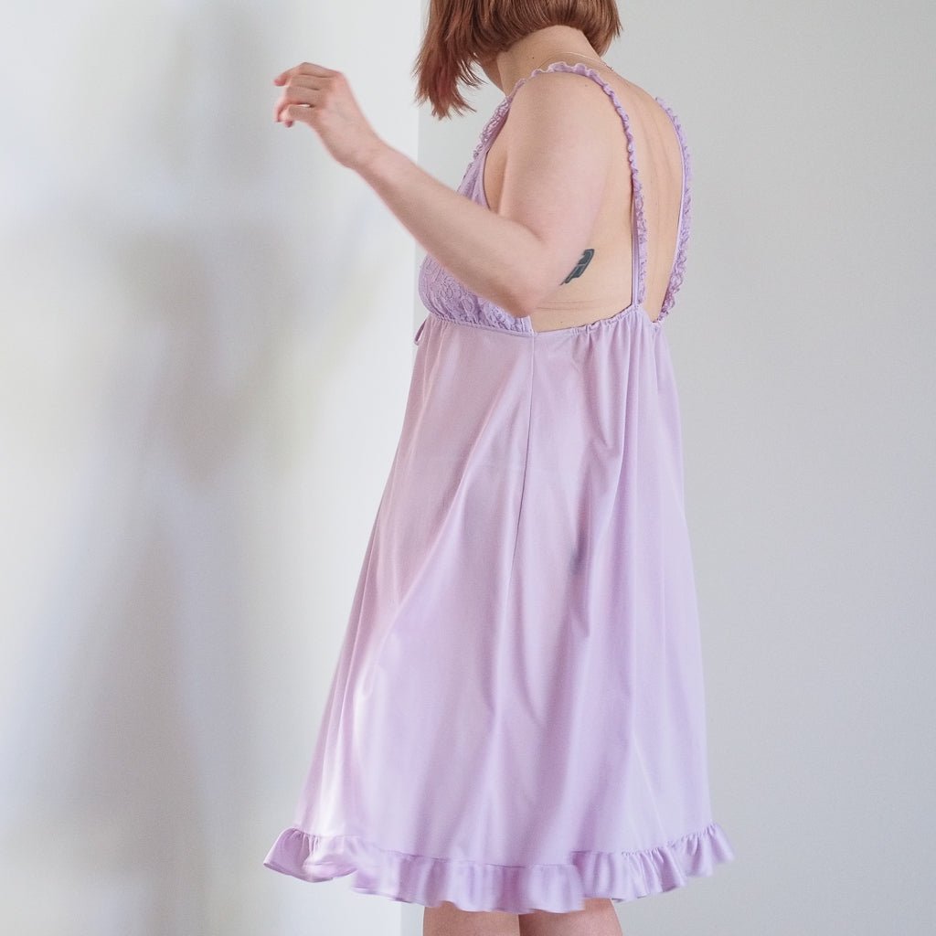 Vintage Erica Loren NY Lavender Lace Top Nightgown with Ruffle Trim Clothes - Afterthought Vintage