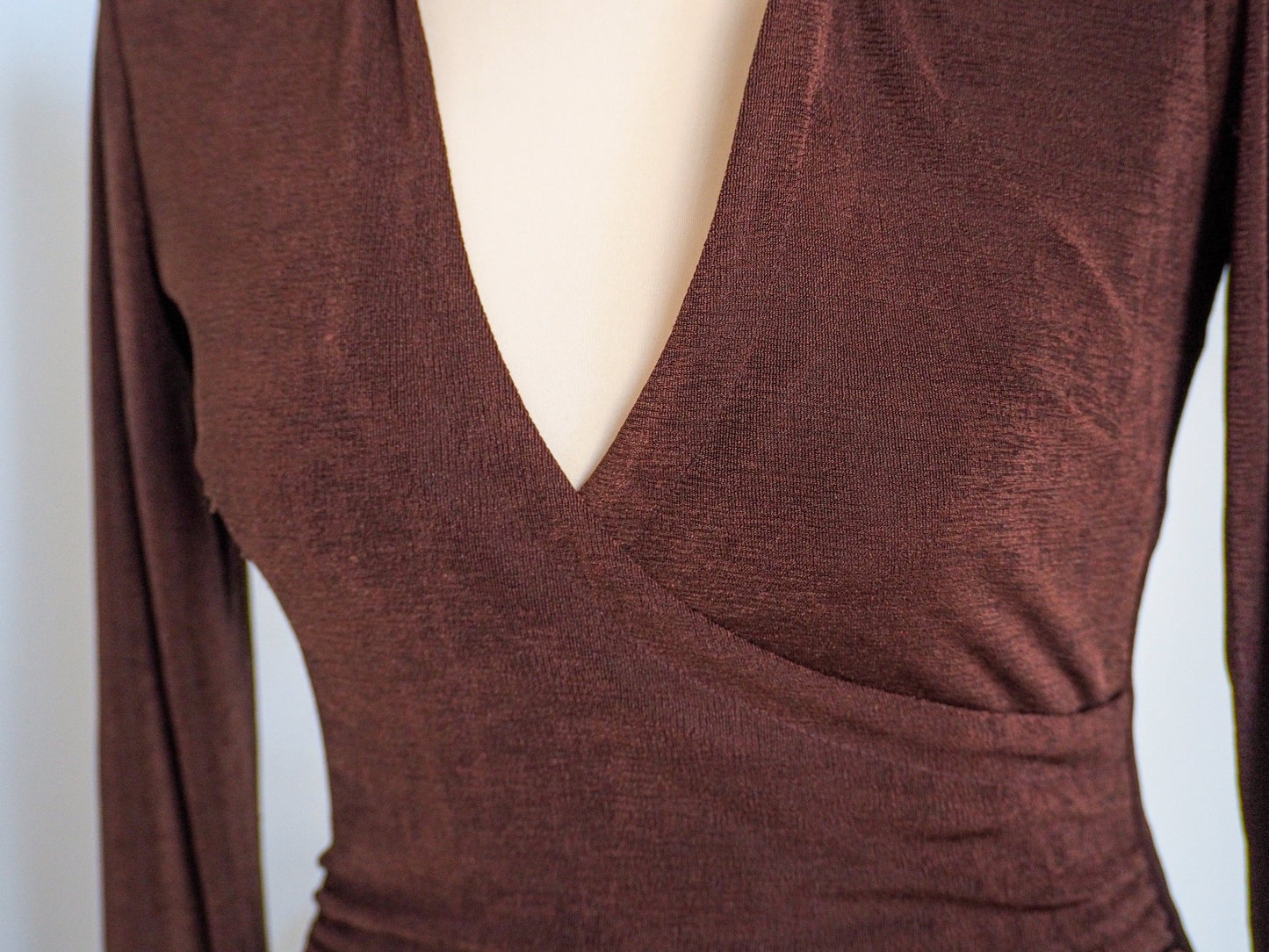 Y2K Brown Shimmer Midi Wrap Cocktail Dress Clothes - Afterthought Vintage