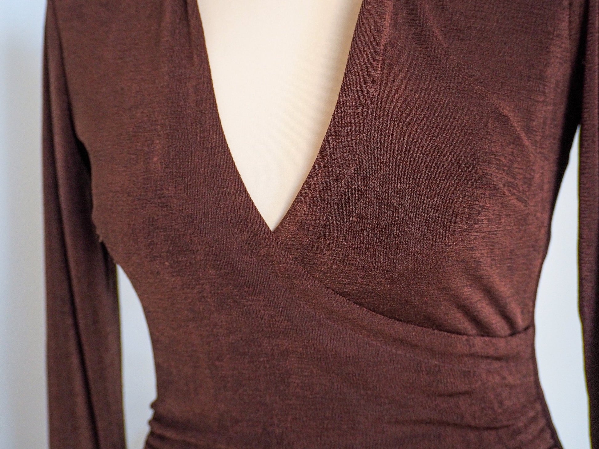 Y2K Brown Shimmer Midi Wrap Cocktail Dress Clothes - Afterthought Vintage